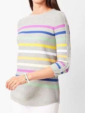 Talbots textured Gray with multicolor Striped Sweater 3/4 sleeve long round hem